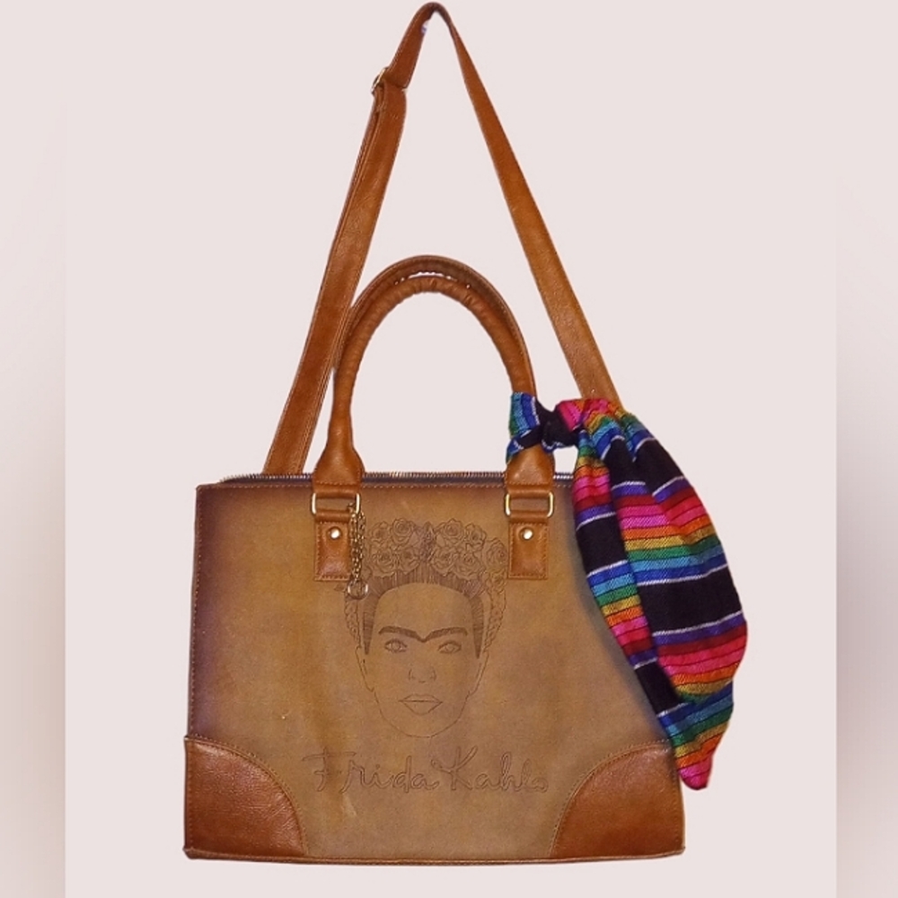 Genuine Leather MEXICANA Handbag with face of Frida Kahlo on the front.